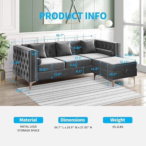 Image of 3 Seater Chesterfield Sofa with Chaise Lounge, Couches for Living Room, L-Shaped Couch with Storage Ottoman, Sectional Couch for Small Living Room, (Velvet Grey)