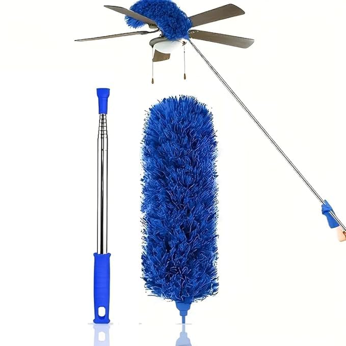 Image of 2025 Launched Microfiber Feather Ceiling Duster for Dust Cleaning with extendable Pole 100 Inch with Anti Scratch Bendable Washable Duster with High Cobweb Stick for High Ceiling Fans-Navy Blue
