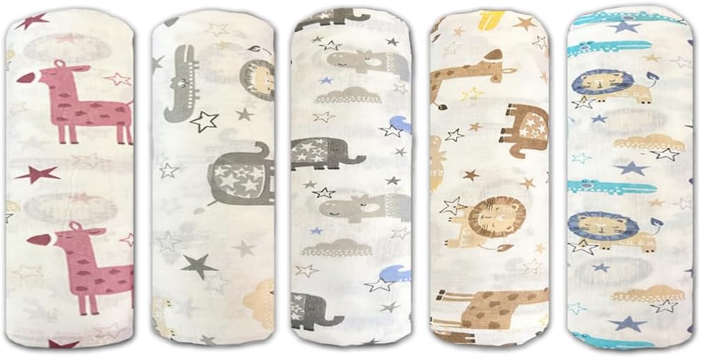 Trance Home Linen Super Ultra Soft 100% Cotton Baby Wrapper|New Born Swaddling Soft Cotton Sheets|New Born Baby Essential Swaddle Cloth|Baby Wrap Set (100X100 Cm, Animals, Pack Of 5), White| TC - 200