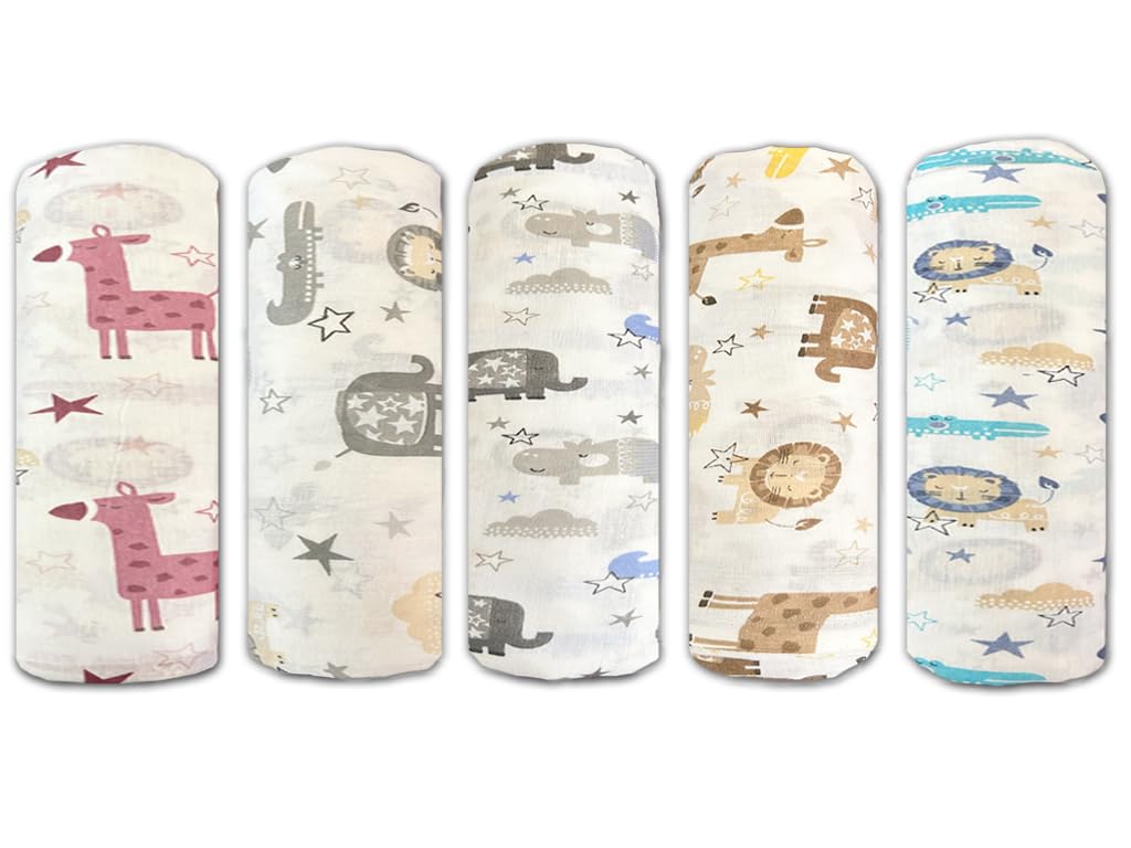 Trance Home Linen Super Ultra Soft 100% Cotton Baby Wrapper|New Born Swaddling Soft Cotton Sheets|New Born Baby Essential Swaddle Cloth|Baby Wrap Set (100X100 Cm, Animals, Pack Of 5), White| TC - 200
