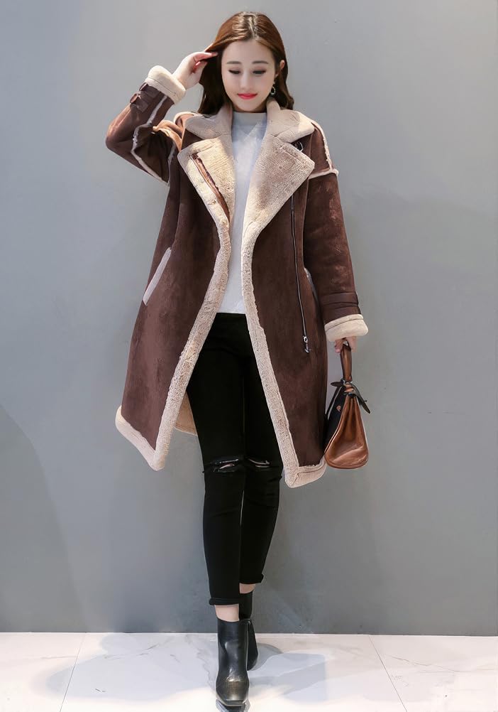 Women’s Brown Genuine Suede Sherpa Shearling Faux Fur Lined Double Breasted Warm Thick Long Winter Fashion Leather Coat