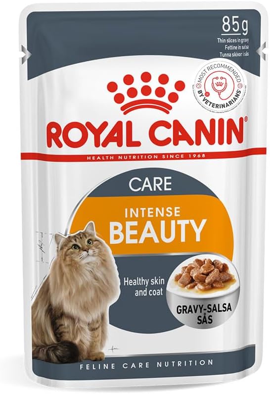 Intense Beauty Adult Cat Food, 85 Grams, Pack of 12 Sachet, Wet Food, Supports Healthy Skin & Coat & Urinary Health, Maintains Ideal Weight