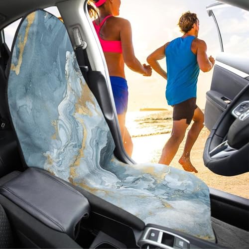 Image of Blue Marble Print Waterproof Sweating Car Seat Cover for Post Gym Workout Universal Front Seat Cover Easy to Install Universal Size Fit for Most Cars SUVs Trucks Vans
