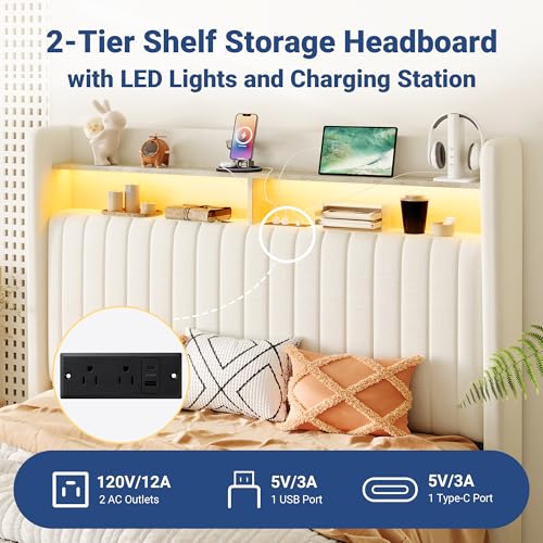 Image of Allewie Queen Size Lift Up Storage LED Bed Frame, Charging Station, Cream