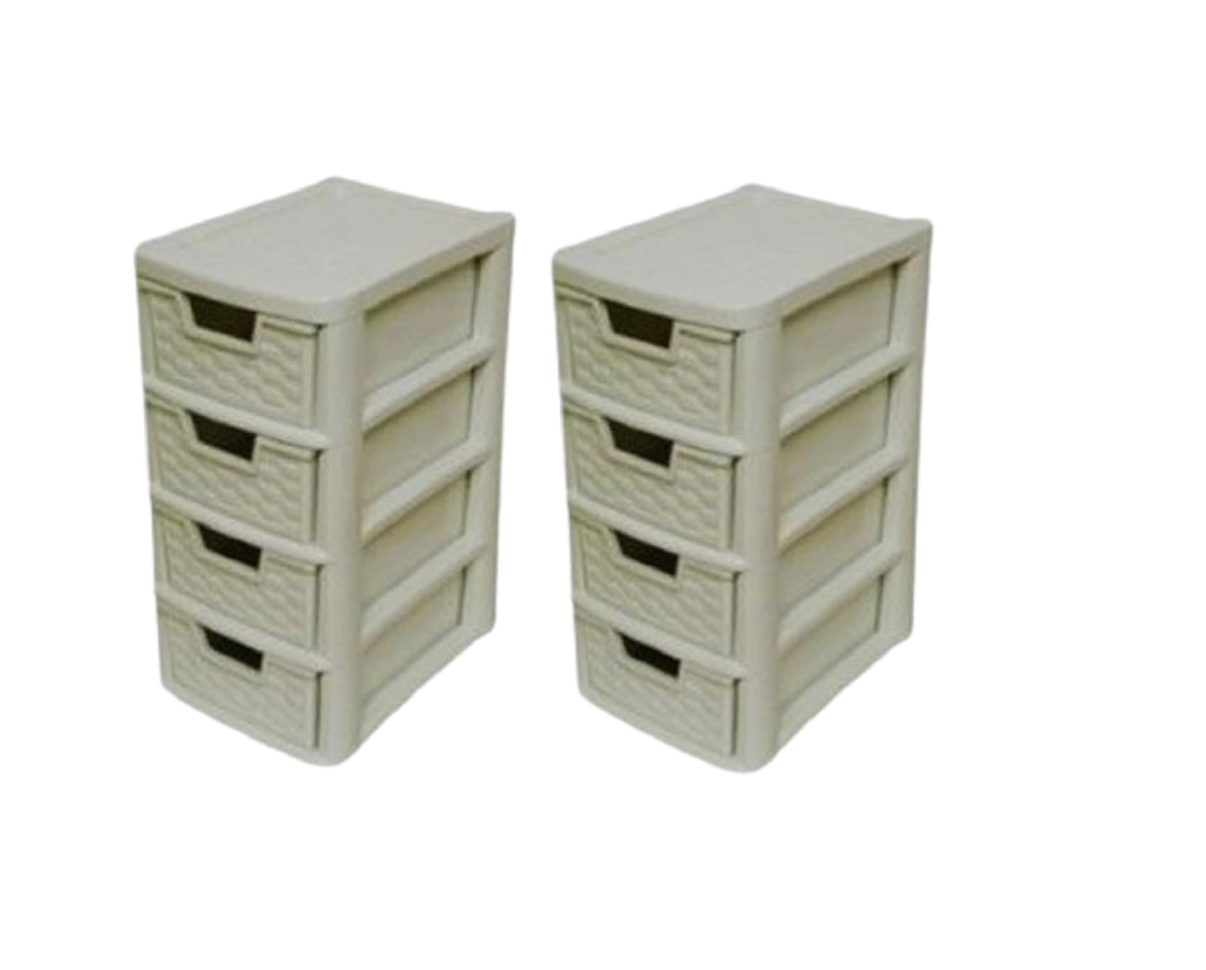Khanary Cream Pack Of 2 Small Plastic Storage Drawer Unit Rattan Effect- 4 Tier Small Chest Tower Crafts Kids Room, Files Paperwork School Home Office Desktop Stationery- 25Lx19.5wx38h Cm