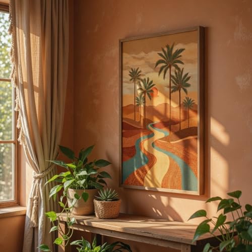 Image of SAF Desert Sunset Palm Tree Wall Art with Wooden Frame | Aesthetic Landscape Painting with River & Sunset | HD UV Laminated Print on MDF for Living Room Bedroom Office Decor 13.5 x 19.5 Inch