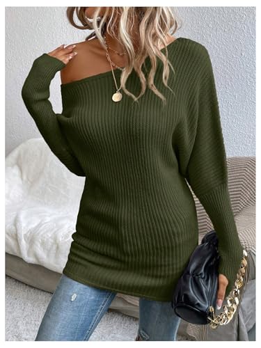 Image of SOLY HUX Sweaters for Women Off The Shoulder Long Sleeve Knit Fall Sweater Pullover Tops Pure Green Small