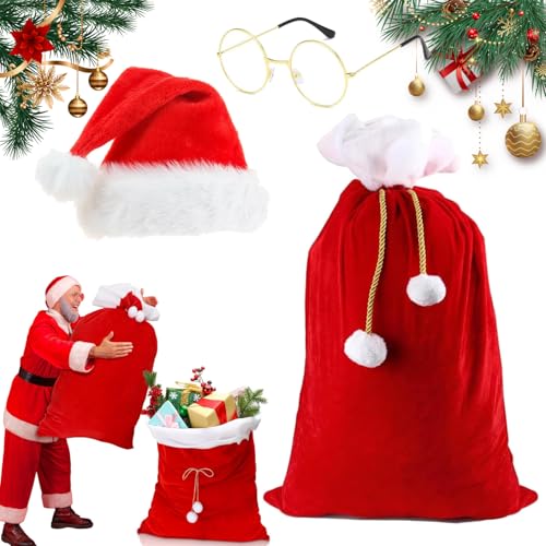 Norhogo Santa Sack + Santa Hat and Glasses Velvet Gift Bag for Christmas Gifts, for Storing, Holiday Presents, Stocking Stuffers Traditional Red and White Christmas Hat (Red,70 x 100 cm)