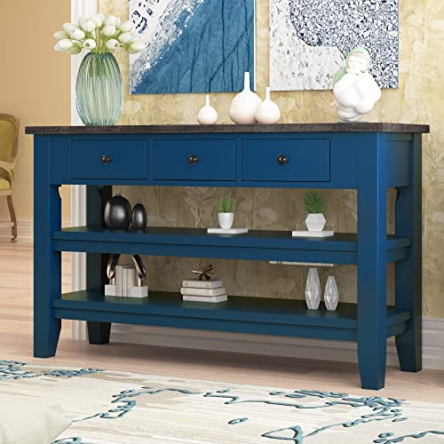 Polibi Retro Console Table With 3 Drawers And 2 Shelves, 48" L Pine Wood Tabletop Storage Sideboard Buffet For Living Room, Dining Room, Entryway, Blue #TOP6