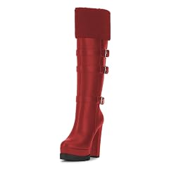 FOWT Women Round Toe Buckled Platform Knee High Boots Fuzzy Side Zipper Chunky High Heel Long Boots Comfy