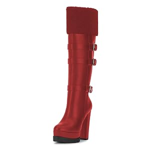 FOWT Women Round Toe Buckled Platform Knee High Boots Fuzzy Side Zipper Chunky High Heel Long Boots Comfy
