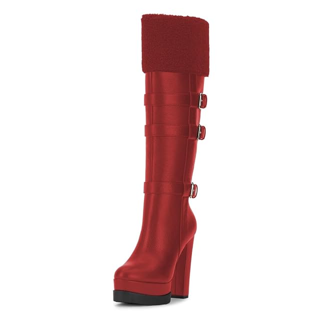 FOWT Women Round Toe Buckled Platform Knee High Boots Fuzzy Side Zipper Chunky High Heel Long Boots Comfy