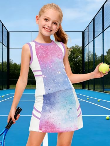 Image of AOBUTE Girls Tennis Golf Outfit Tank Top and Skirt with Shorts Set 4-12 Years
