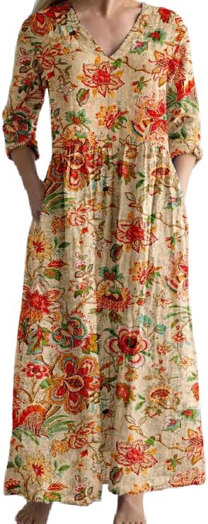 Women's Casual Boho Floral Dress Plus Size V Neck Long Sleeve Flowy Maxi Dresses with Pockets