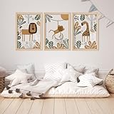 YWJKWLGS Kids Safari Animal Wall Art Set of 3 - Cartoon Lion Monkey Giraffe Prints - 11x16 inch Wood Framed Nursery Decor for Baby/Toddler Room - Boho Jungle Theme Kids Room Wall Decor (Wood)