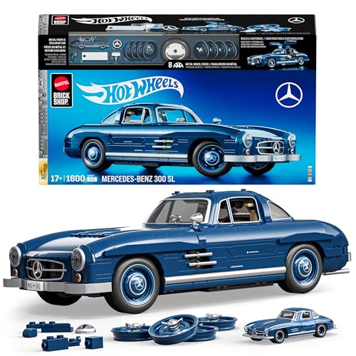 Mattel Brick Shop Hot Wheels Premium Series Building Set, Mercedes-Benz 300 SL with 1600 Pieces, Realistic Details and Metal Parts, Adult Collectors