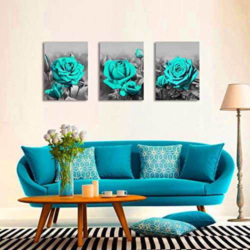 Wall Art for Bedroom Simple Life Black and White Blue Rose Flowers Canvas Wall Art Decor 12" x 16" 3 Pieces Living Room Decoration Office Art Framed Canvas Prints Ready to Hang for Home Decoration