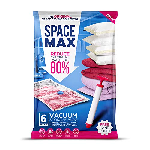 SPACE MAX Premium Reusable Vacuum Storage Bags, Save 80% More Storage Space. Double Zip Seal & Leak Valve, Travel Hand Pump Included. (Variety 6 Pack MLJ)