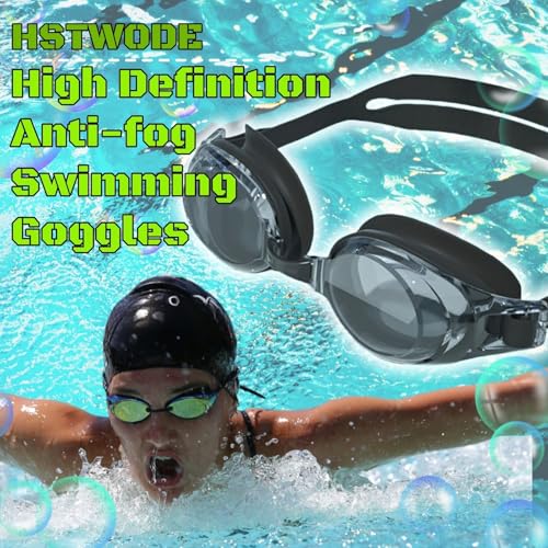 HSTWODE 1 paire de lunettes de natation optiques avec prescription -1,5 à -9,0, protection anti-buée UV, lunettes de natation en une pièce avec bouchons d'oreilles pour homme et femme (Noir, -8,0) – vue 2