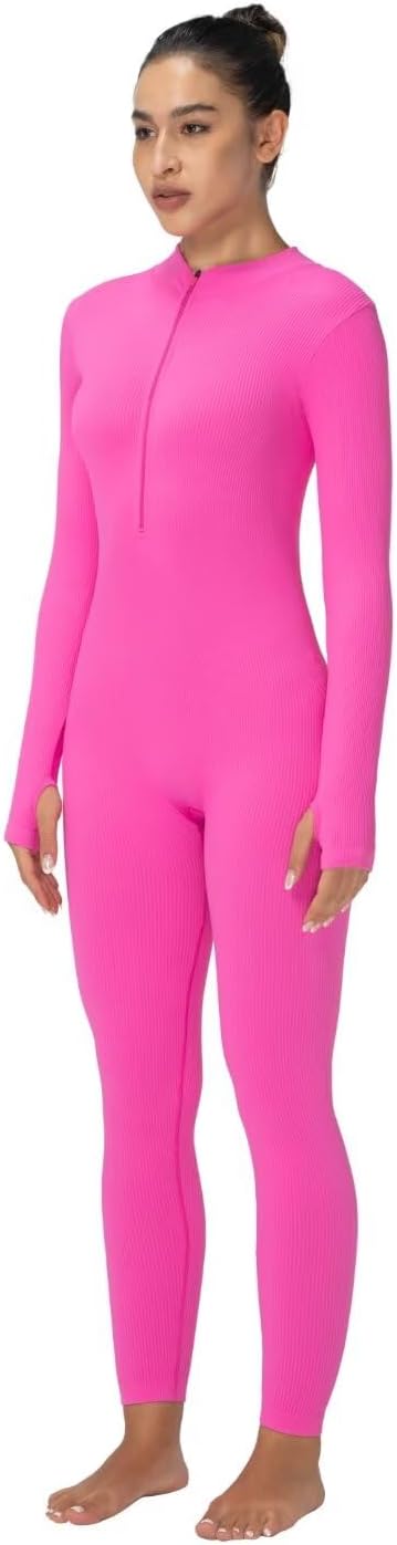 Sunzel Long Sleeve Jumpsuits for Women, Ribbed One Piece Casual Yoga Workout Zip Front Bodycon, Legging Fit & Thumbhole - Image 3