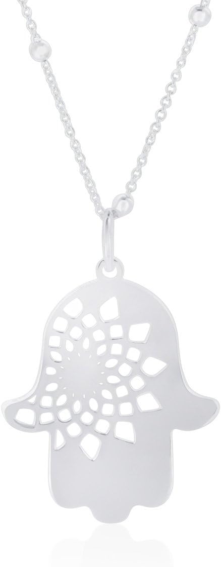WANDA PLATA Hamsa Hand of Fatima Pendant Necklace for Woman Fine Sterling Silver 925 with 40 cm/16 inch Chain, Protection Jewellery Talisman Lucky Charm Gift Boxed