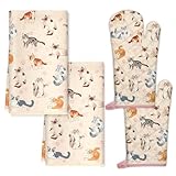 Arquiel Katze Küchentücher und Ofenhandschuhe Set 4Pcs, Weiches saugfähiges Geschirrtuch, Hitzebeständige Ofenhandschuhe für Kochen Backen Küche Dekoration, Geschenke für Sie