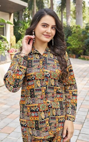 Image of KESUDI Women's Printed Co-ord Set | Multicolour Ethnic Pattern Co-ord Set | Long Sleeve Shirt with Wide-Leg Trousers Co-ord Set