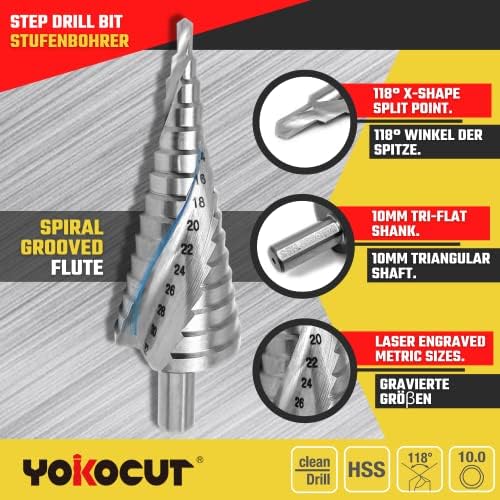 Step Drill Bit HSS M2 Fully Ground Step Drill Bit For Metal Spiral Grooved Multiple Hole Drilling Cone Drill Bit Stepped Up Bits For DIY Lovers with 10mm Tri-Flat Shank (4-32mm Step Bit -15 Steps)