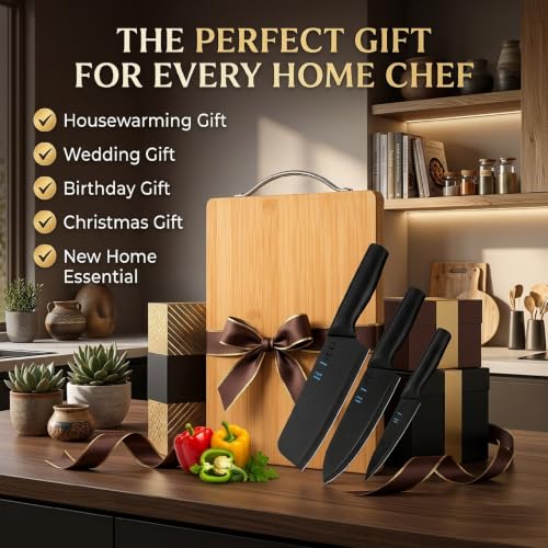 Image of Large Cutting Board for Kitchen | Non-Slip Antibacterial Surface with Stainless Steel Handle | Durable Chopping Board for Vegetables, Fruits & Meat (Bamboo Board with Black Knife)