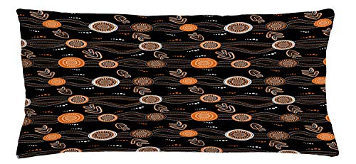 ABAKUHAUS Aboriginal Throw Pillow Cushion Cover, Abstract Rounded Shapes Dotted Wavy Lines and Boomerang Motifs, Decorative Square Accent Pillow Case, 36 X 16 Inches, Grey Orange