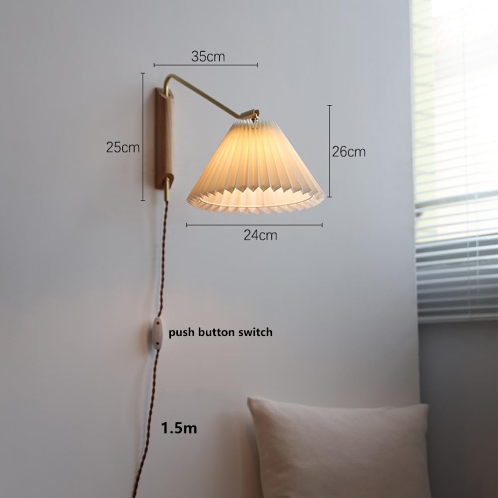 AoLa Messing Wandleuchte mit Schalter und Stecker Schwenkarm Wandlampe Vintage Verstellbar Holz Wandbeleuchtung mit Kabel E27 lnnen Drehbare Lang Arm Leselampe Wand für Schlafzimmer Arbeit Hotel
