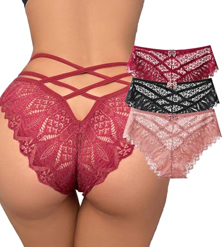 Image of Womens Sexy Thongs Lace Panties Underwear Low Rise Plus Size Underpants Pack of 1-3