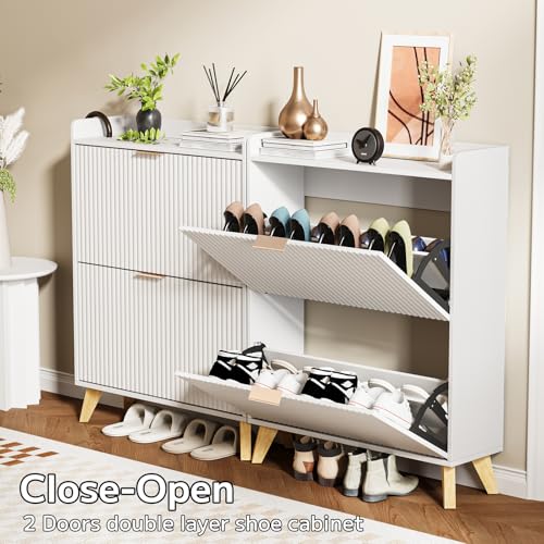 Image of Slim Shoe Storage Cabinet for Entryway, 2 Flip Drawers Wooden Organizer with Fluted Panel, Secure Fence Top for Plants & Decor, Hidden Shoe Storage for Hallway & Foyer (White)