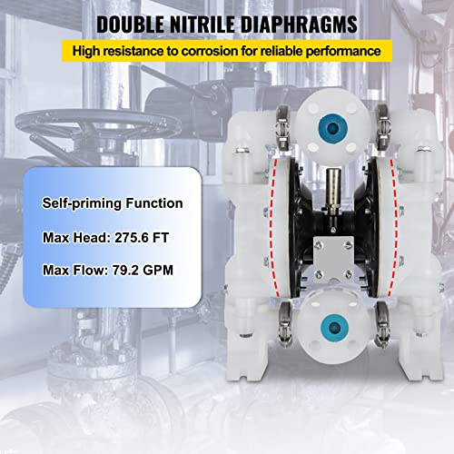 Image of VEVOR Air-Operated Double Diaphragm Pump 1 inch Inlet /Outlet 30GPM Polypropylene Max 120PSI for Chemical and Industrial Use