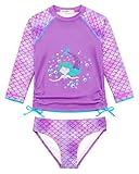 weVSwe Mädchen Rash Guard UPF 50+ Schutz Badeanzug Meerjungfrau Skala Langarm Zweiteiler Bademode Lila 3/4 Jahre