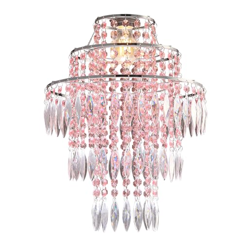 SEEYUAN 3 Tiers Acrylic Chandeliers lamp Shade Pink Acrylic Beaded Chandelier Pendant Ceiling Light Shade for Wedding Bedroom Hallway Bathroom - Diameter 13.7*H17.7
