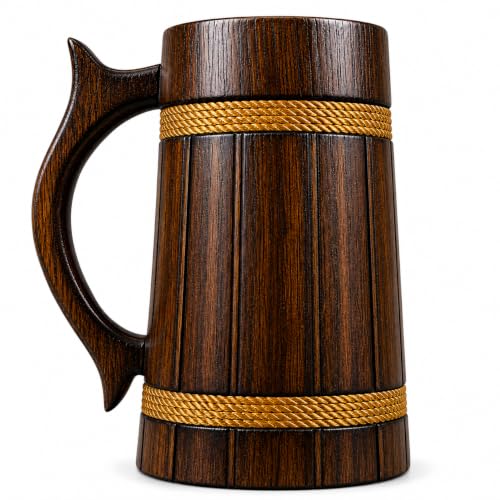 Image of Handmade Wooden Beer Mug, Wood with Sheesham Finish, Barrel Style, Lightweight & Durable, for Craft Beer, Home Bar, Cafe, Party, Gift(350ml) (Horizontal Lines)