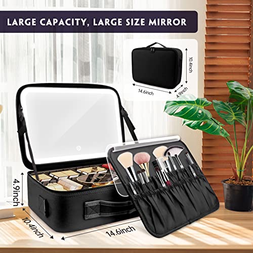 Smacen Large Capacity Cosmetics Train Case With Led Lighted Mirror Rechargeable 3 Color Lights Adjustable Brightness Portable Makeup Bag With Adjustable Dividers And Shoulder Straps (Black) #TOP1