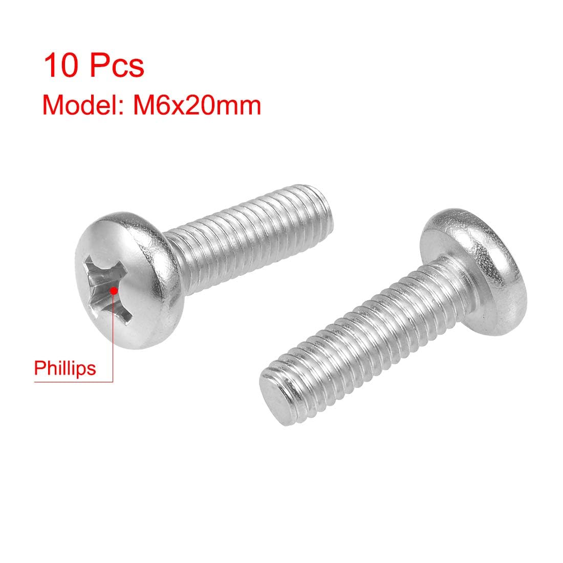 TOP-VIGOR 10Pcs Cross Pan Head Machine Screws, M6x20mm Phillips Round Head Screws Bolts for Machinery Furniture, Car - Image 3