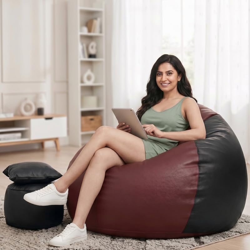 Image of Biggie Bean Bag 7XL Bean Bag Chair with Beans Filled - The Classics Bean Bag Sofa - Combo Set-Styled for Elegance with Free Cushion & Footrest (Matching Color : Xuman Maroon-Black)