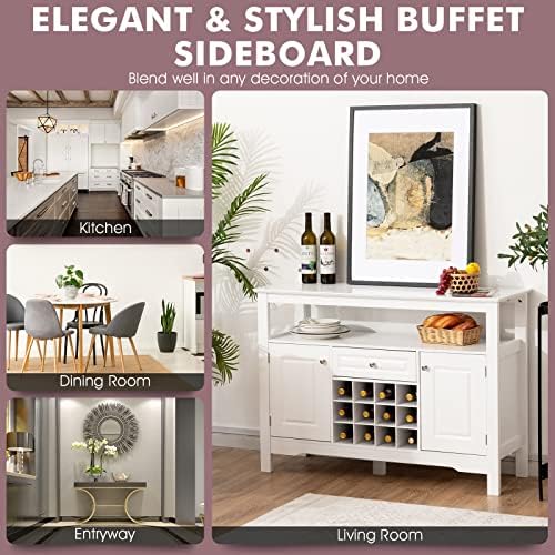 COSTWAY Sideboard with 12 Wine Rack, Freestanding Storage Cabinet with Drawer, 2 Doors, Shelf and 5 Legs, Kitchen Cupboard Buffet for Farmhouse, Dining Room, Living Room (White)