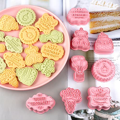 Crethinkaty Happy Birthday Cookie Cutter-8 Plastic Cookie Stamps-Cartoon Fun Cookie Mold，With Happy Birthday Wishes 3D Cookie Cutter Set. #TOP3