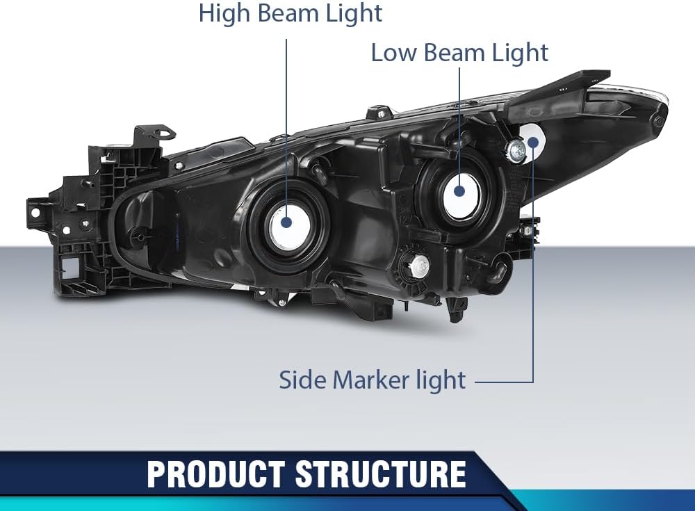 PIT66 Projector Headlights Assembly Front Headlamp w/o Bulbs Pair Compatible with Mazda 3 2014 2015 2016 BHN1510K0, BPW9510K0A, BHN1510L0, BPW9510L0A Clear Lens Black Housing Clear Reflector