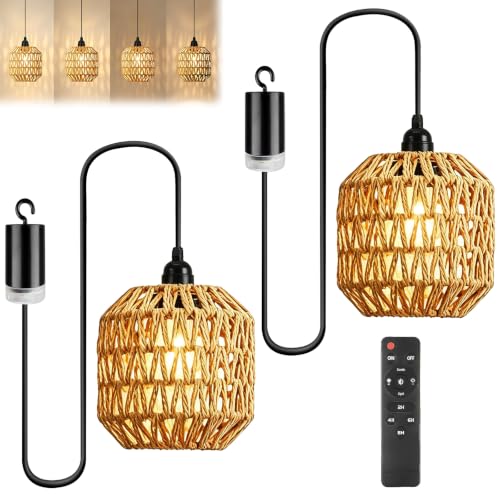 ADEMOKE 2 Pièces Suspension Luminaire sur Batterie avec Télécommande, Suspension Rotin, Suspendue Intérieur…