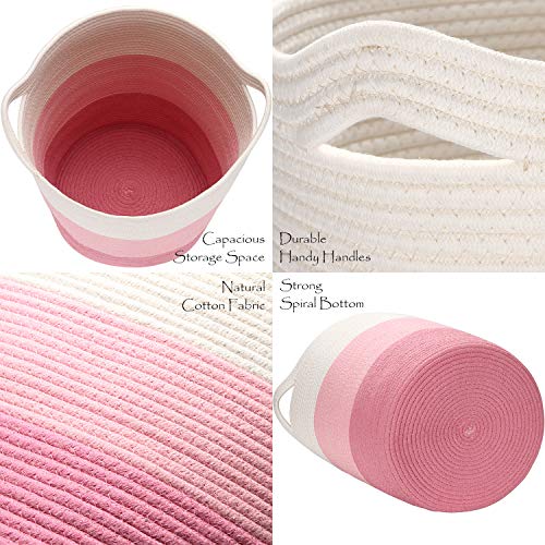 Sea Team Large Size Cotton Rope Woven Storage Basket With Handles, Laundry Hamper, Fabric Bucket, Drum, Clothes Toys Organizer For Kid's Room, 20 X 14 Inches, Round Open Design, White & Pink #TOP3