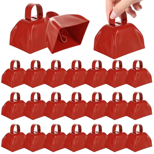 Acrux7 24 Pack Small Cowbells for Sporting Events, 3 Inch Red Metal Cow Bells Noise Makers, Loud Cowbell Bulk Hand Percussion for Football Games, Cheering, Celebrations, Weddings
