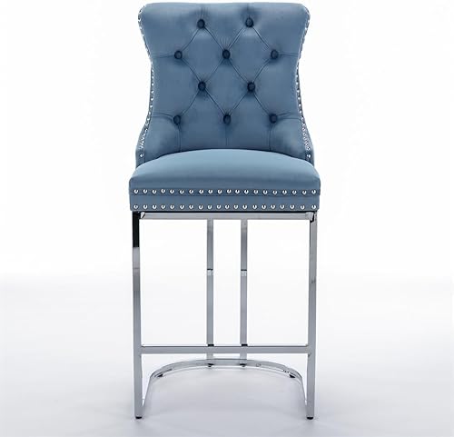 Miniatura 4 de Juego de 2 taburetes de bar de altura de mostrador, modernos taburetes de bar tapizados de terciopelo con marco de metal y reposapiés, sillas de bar