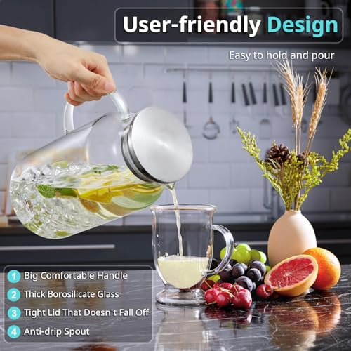 Image of Bivvclaz 1 Gallon Glass Pitcher with Lid and Handle, Water Pitcher for Fridge, Glass Carafe for Hot /Cold Water, Large Iced Tea Jug for Coffee, Juice and Homemade Beverage