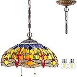 WERFACTORY Tiffany Pendant Light Fixture Blue Yellow Dragonfly Stained Glass Hanging Lamp Wide 16 Inch, Height 40 Inch S168 Series