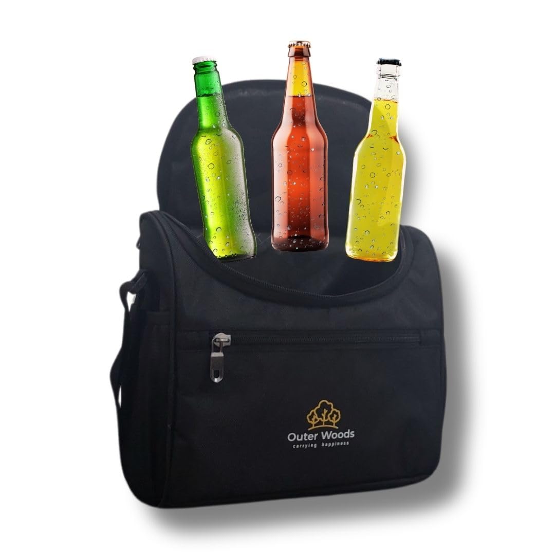 Outer Woods Insulated Bottle Cooler Bag – Fits 8 x 330 ml Pints & 500 ml Cans | Keeps Drinks Cold 6–8 Hours + 4 Ice Gel Packs | Travel Picnic Cooler – Beer & Juice Carrier (Black)